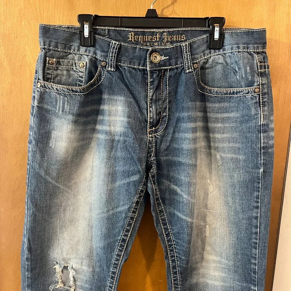 Request Men's Blue Straight Relaxed Distressed Stonewashed Denim Jeans 34 x 32
